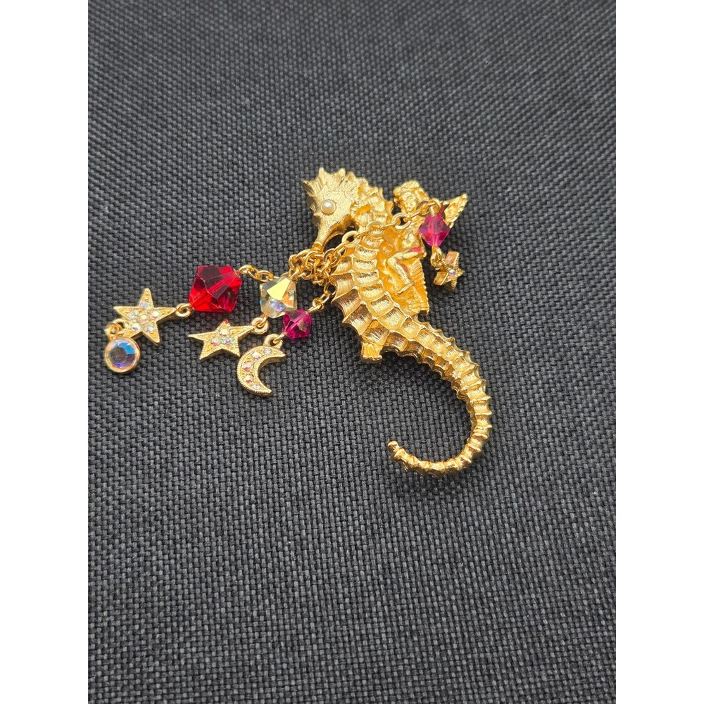 Kirks Folly Gold Tone Seahorse Mermaid Brooch Celestial Star Moon Crystal Charms